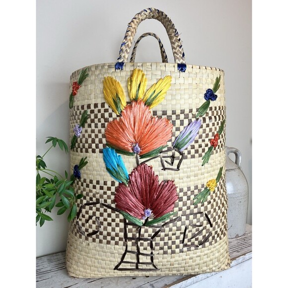 Vintage 1980’s Large Straw Raffia Floral Print Palm Beach Tote / Island / Cruise - Picture 8 of 11